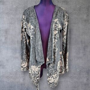 Take Two Gray Reverse Tie Die Floral Asymmetric Open Kimono Jacket Large M24‎